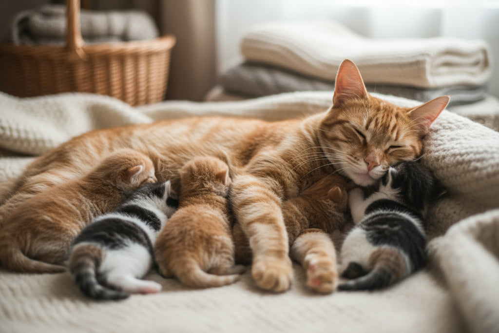 Mačka s mačićima leži i spava