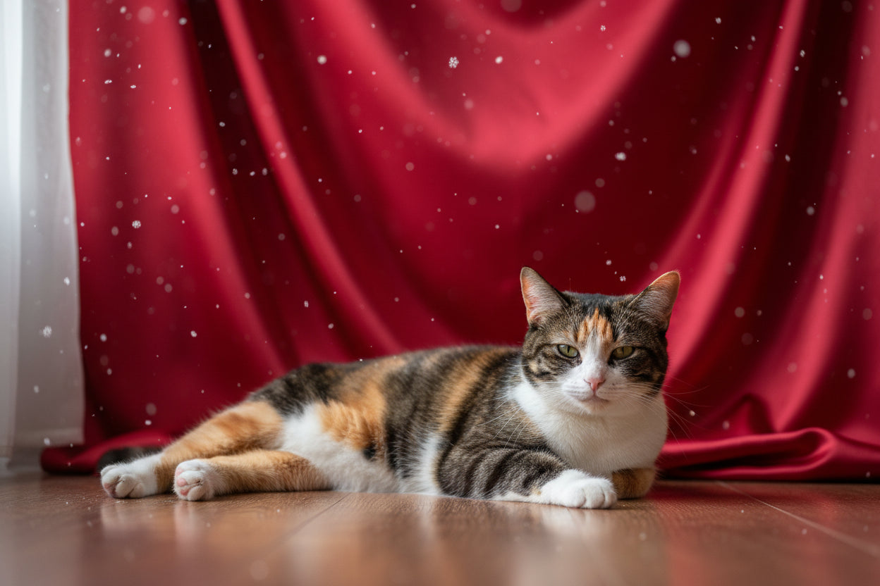 create a realistic image of a calico cat lying on the floor, red background, tiny snowflakes in the air