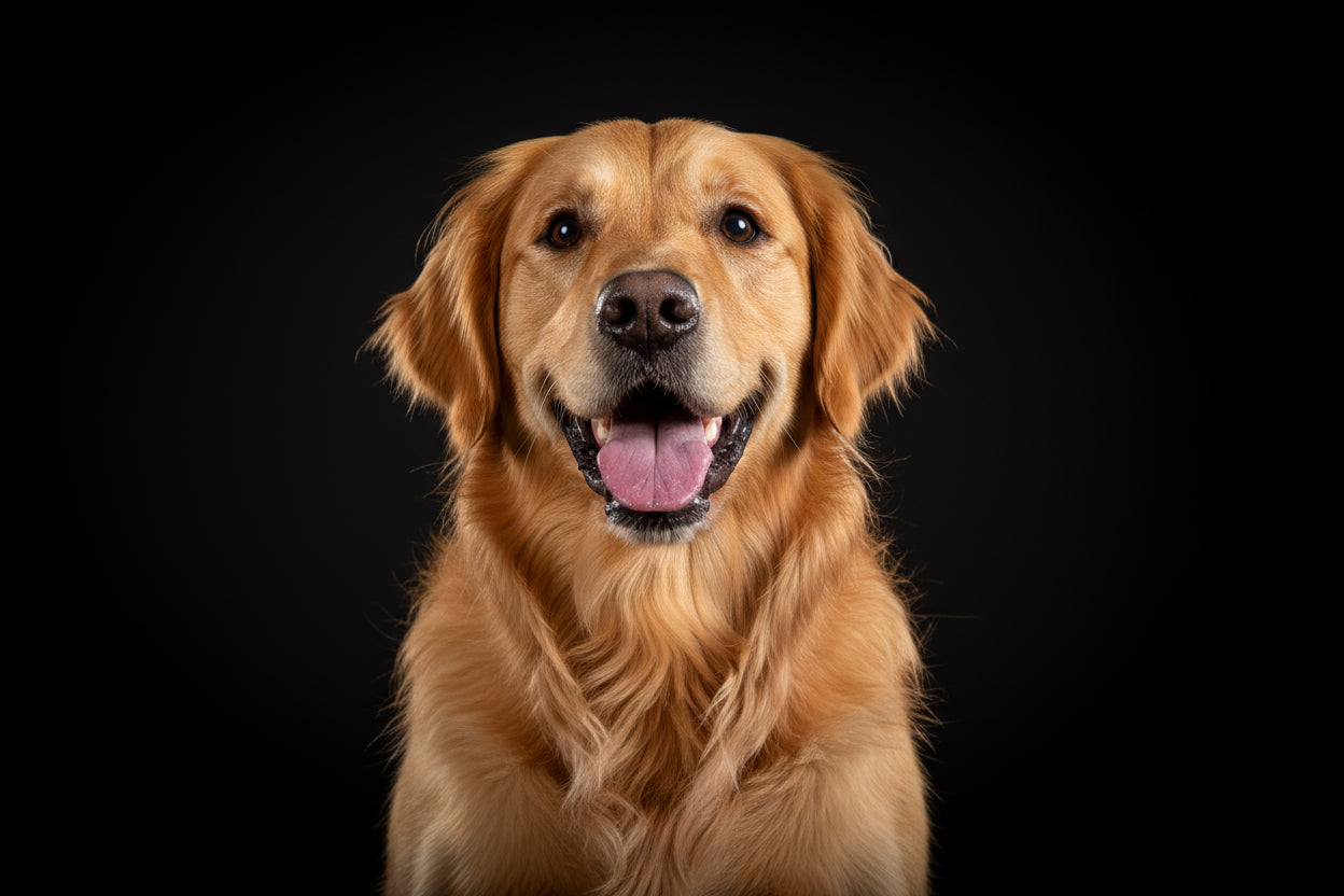 create an ultra realistic image of a dog against a black background, happy dog, golden retriever