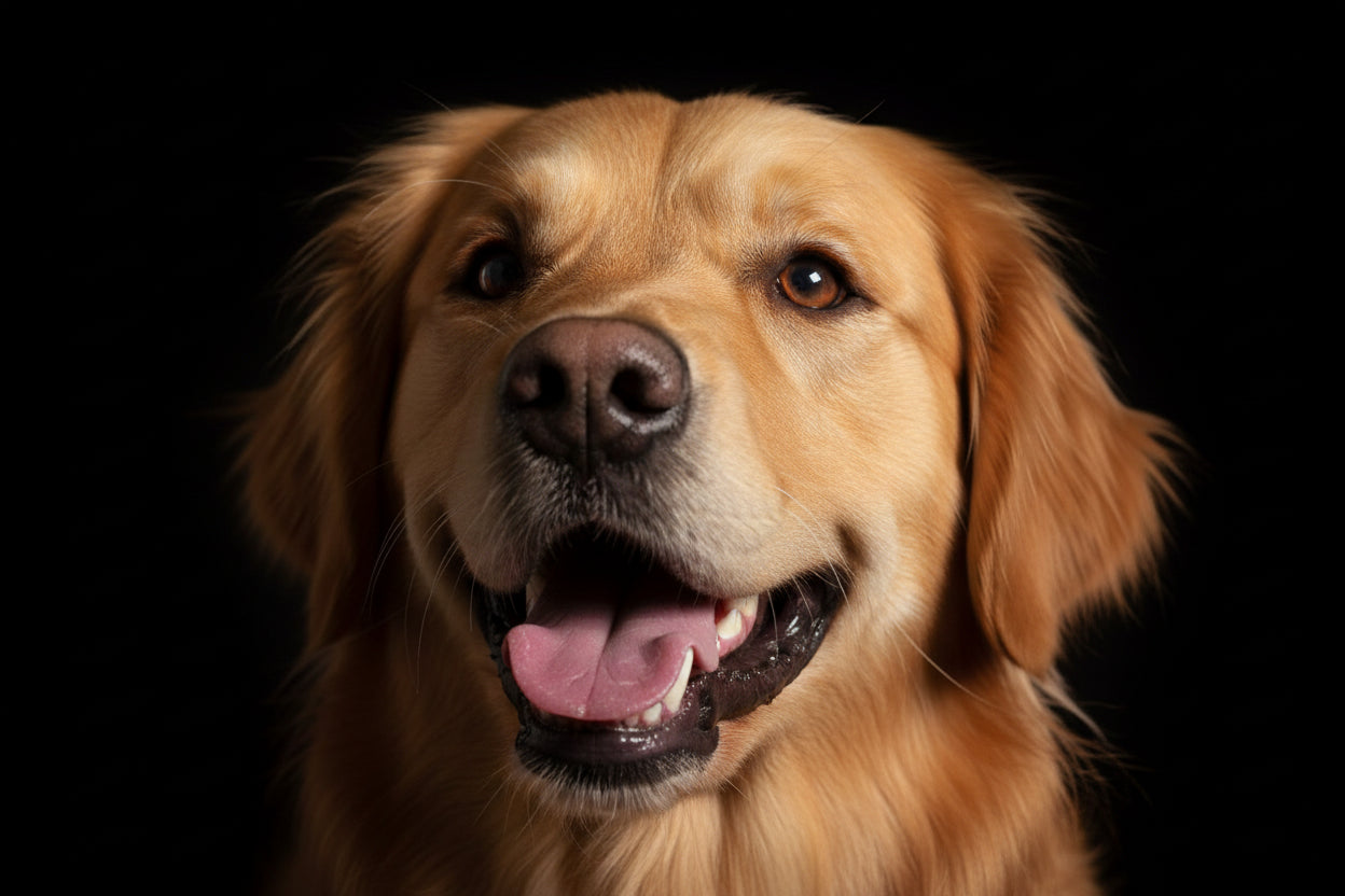 Happy dog on a black background, face only close up