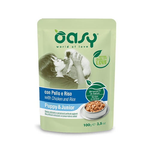 OASY Vrecica PUPPY/JUNIOR, trakice s piletinom i rizom u umaku, 100g