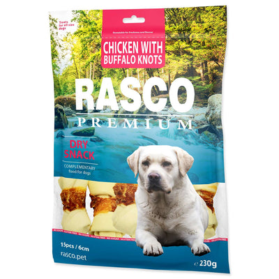 RASCO Premium, zvakalica Kost u cvoru, raw hide bizon/piletina, 6cm, 230g