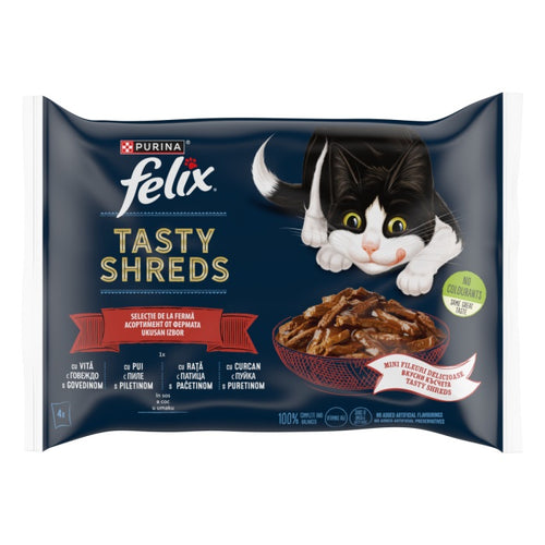 FELIX Tasty Shreds Multipack, s govedinom/piletinom/pacetinom/puretinom, 4x80g