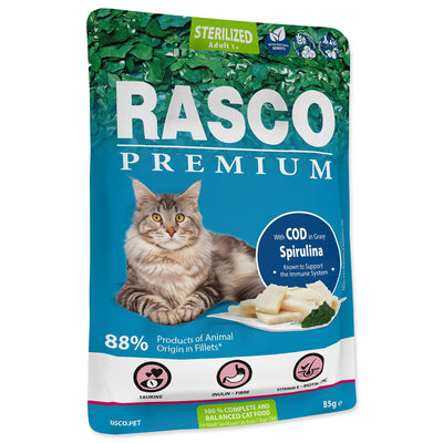 RASCO Premium Cat Sterilised, vrecica, bogato bakalarom, u umaku, 85g