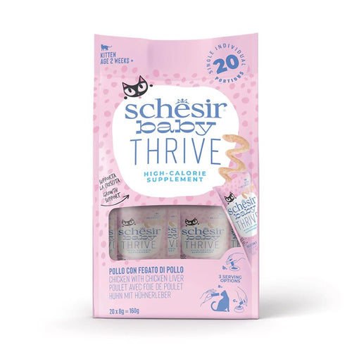 SCHESIR Baby KITTEN Thrive, piletina s jetrom, dopunska hrana za macice, 20x8g