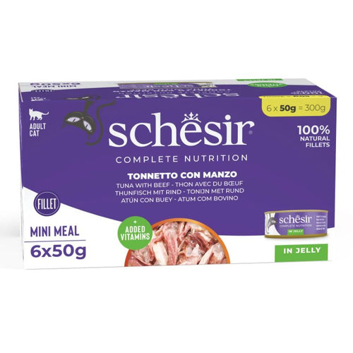 SCHESIR Konzerva za macke multipack, tunjevina s goveđim fileom u zeleu 6x50g