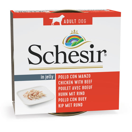 SCHESIR Konzerva za pse Pileci file u zeleu s govedinom, 150g