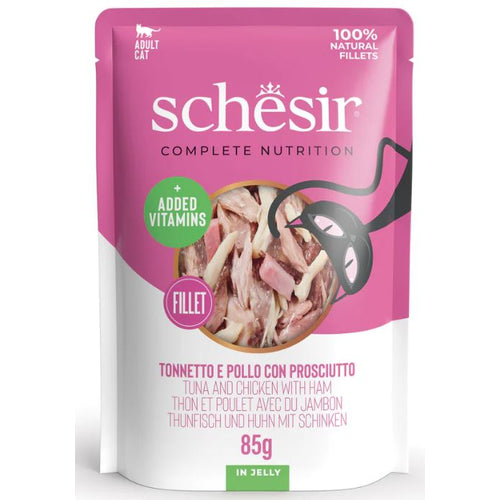 SCHESIR Vrecica za macke, Tuna i piletina sa sunkom u zeleu, 85g