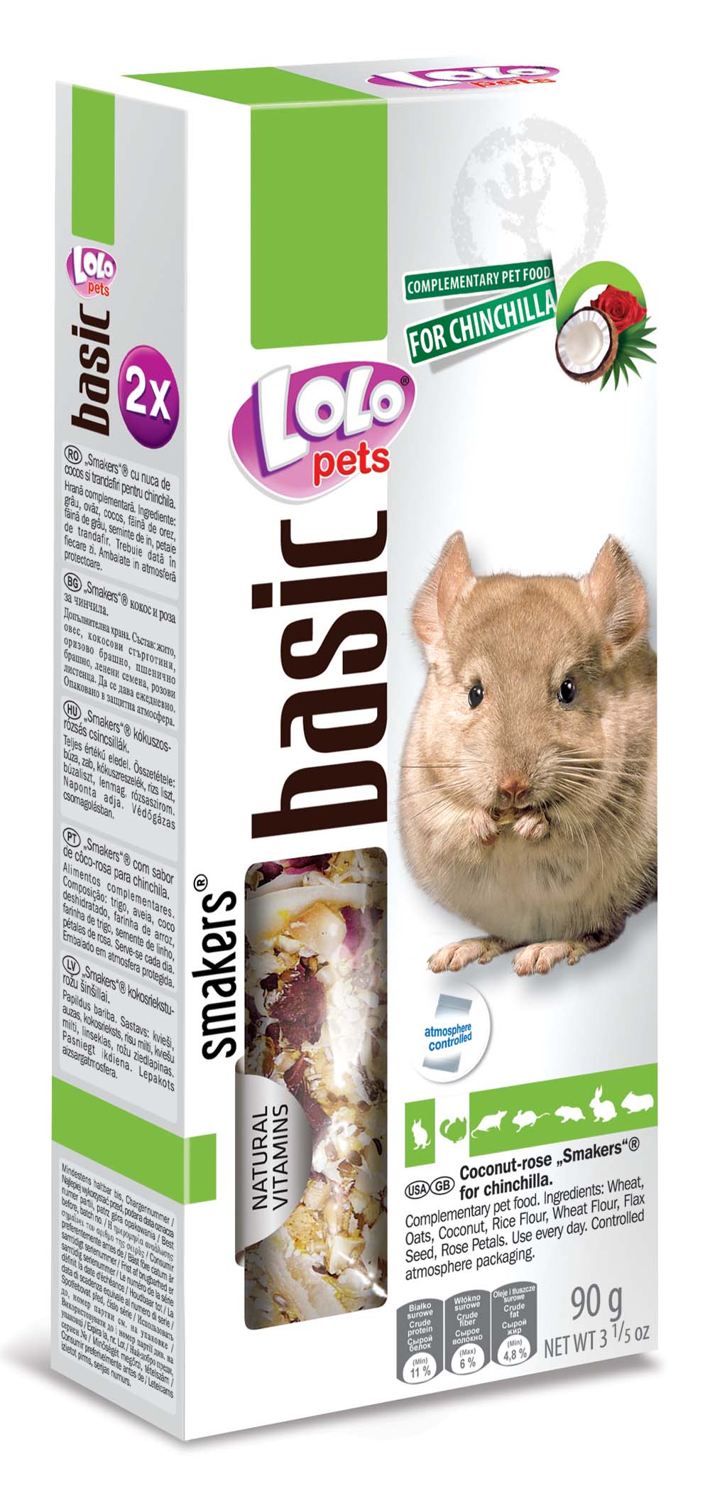 LOLO PETS Stapici s kokosom i ruzinim laticama, za cincile, 2kom/90g