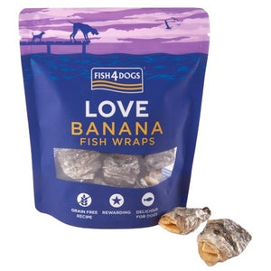 FISH4DOGS Love Banana Fish Wrap, banana i riblja koža, poslastica za pse, 100g