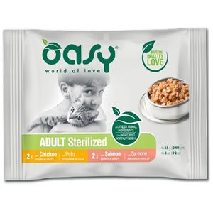 OASY Multipack za sterilizirane mačke, 2x s piletinom i 2x s lososom, 4x85g