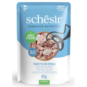 SCHESIR Vrećica za mačke, Tuna s brancinom u želeu, 85g
