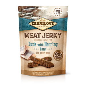 CARNILOVE Meat Jerky, pačetina s haringom, mesni fileti bez žitarica, 100g