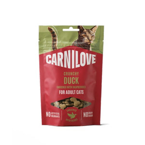 CARNILOVE Crunchy, pačetina obogaćena malinama, hrskava poslastica za mačke, 50g