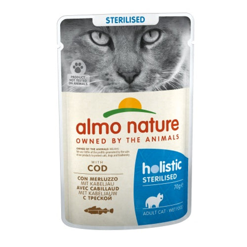 ALMO NATURE Holistic Sterilized, s bakalarom, vrecica za ster. macke, 70g