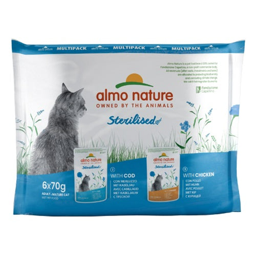 ALMO NATURE Sterilized Multipack, 3x s piletinom, 3x s bakalarom, 6x70g