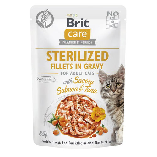 BRIT CARE Sterilised, fileti s lososom i tunjevinom u umaku, bez zitarica, 85g