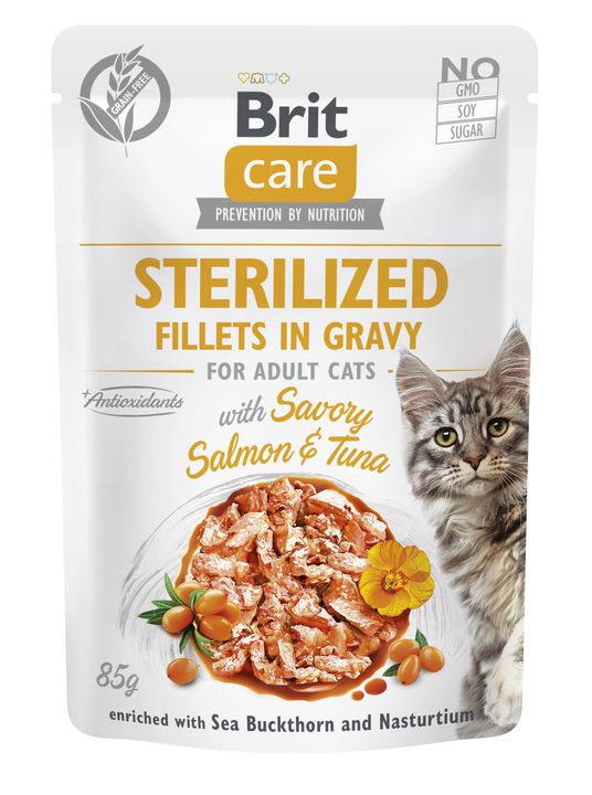 BRIT CARE Sterilised, fileti s lososom i tunjevinom u umaku, bez zitarica, 85g