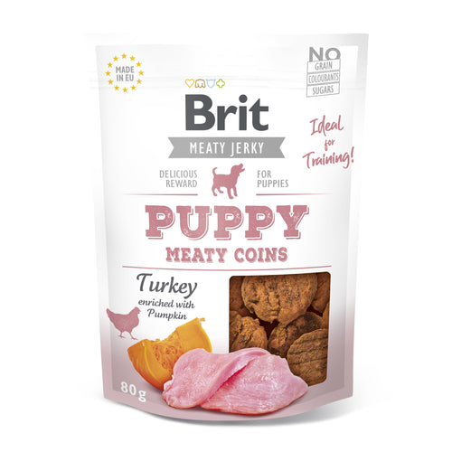 BRIT Meaty Jerky PUPPY, medaljoni, puretina, obogaceno bundevom, 80 g