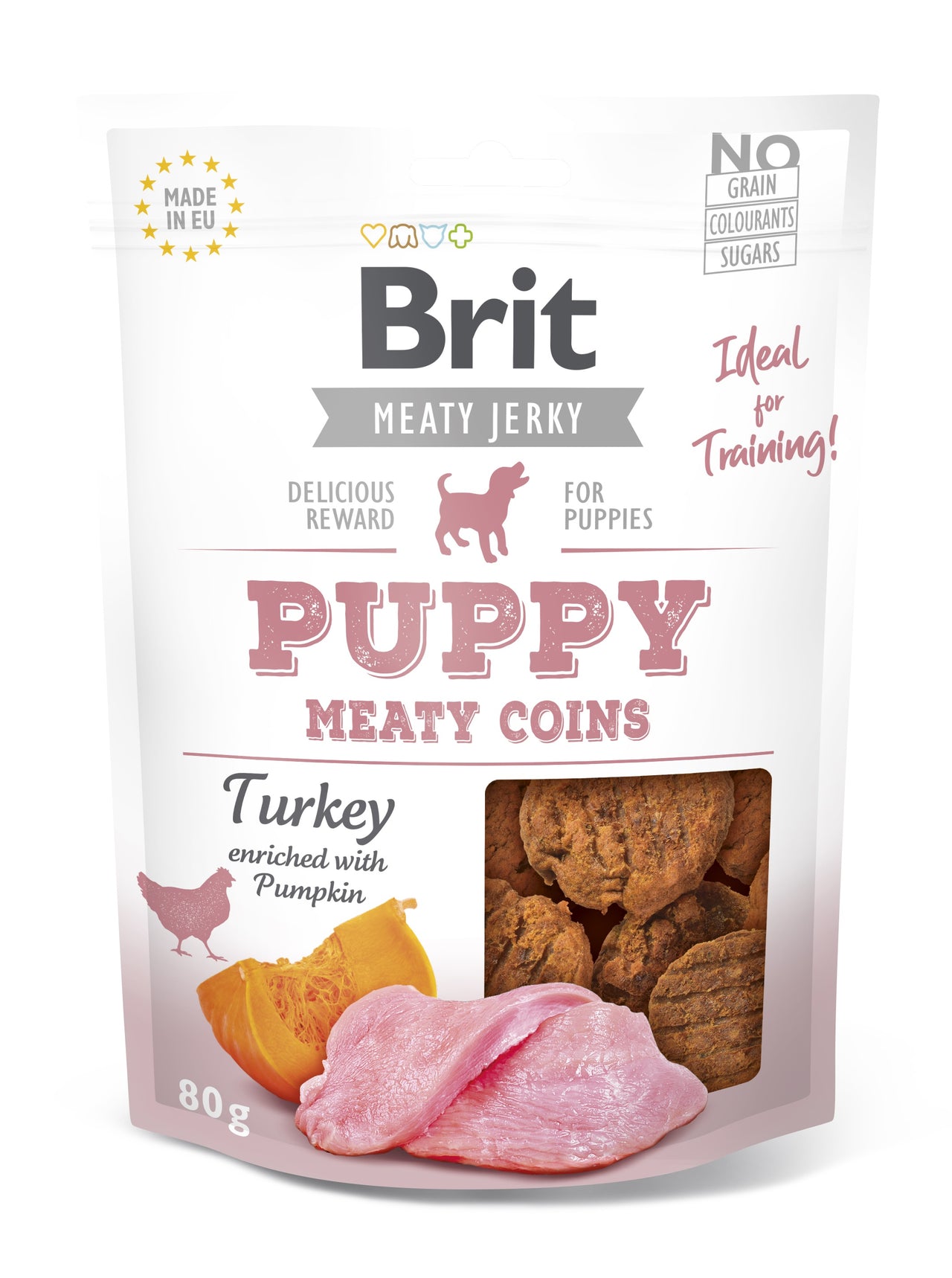 BRIT Meaty Jerky PUPPY, medaljoni, puretina, obogaceno bundevom, 80 g