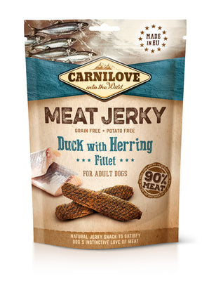 CARNILOVE Meat Jerky, pacetina s haringom, mesni fileti bez zitarica, 100g
