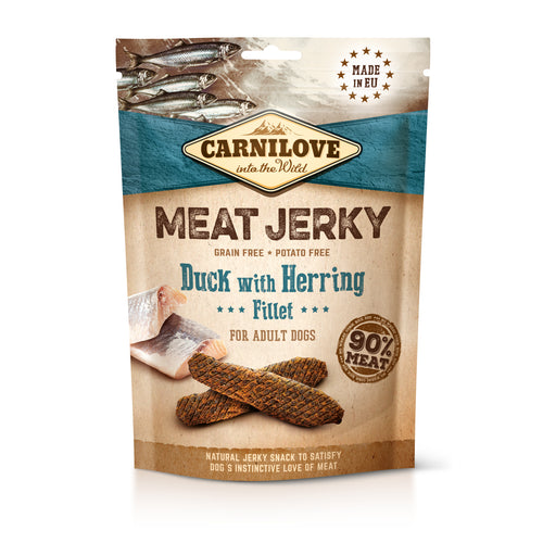 CARNILOVE Meat Jerky, pacetina s haringom, mesni fileti bez zitarica, 100g