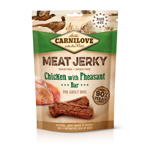 CARNILOVE Meat Jerky, piletina s fazanom, mesni fileti bez zitarica, 100g