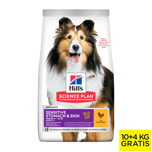 HILL's Adult Medium Sens Skin&Stomach s piletinom, 10+4kg gratis