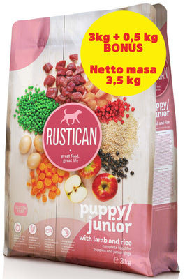 RUSTICAN PUPPY / JUNIOR, s janjetinom i rizom, bez glutena, 3kg+0,5kgBONUS
