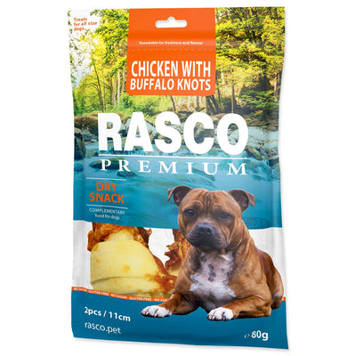 RASCO Premium, zvakalica Kost u cvoru, raw hide bizon/piletina, 11cm, 80g