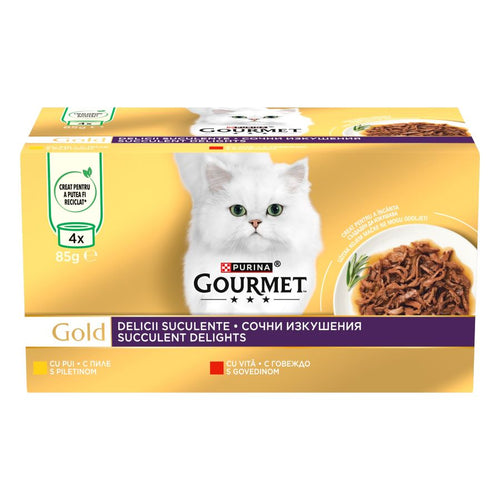 GOURMET Gold Succulent Delights Multipack, s govedinom/piletinom u umaku, 4x85g