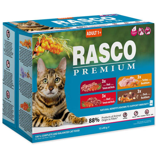 RASCO Premium Cat, 3x govedina, 3x teletina,3x puretina,3x pacetina, 12x85g