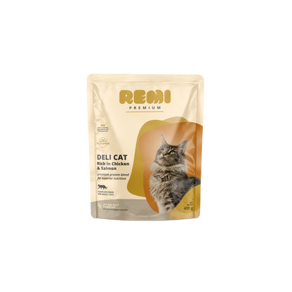 REMI PREMIUM Deli Cat, bogato piletinom i lososom, 400g
