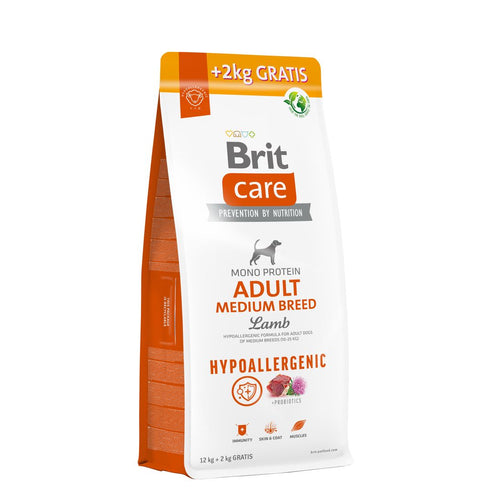 BRIT CARE Hypoallergenic Monoprotein Medium Breed, janjetina/riza, 12+2kg NA DAR