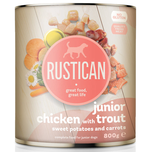 RUSTICAN JUNIOR Piletina i pastrva s batatom i mrkvom, bez glutena, 800g 