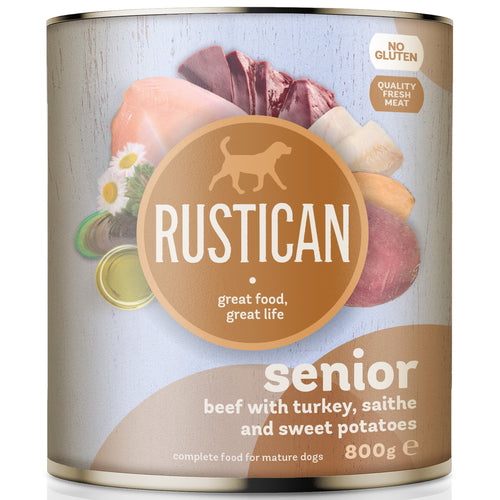 RUSTICAN SENIOR Govedina s puretinom, crnim bakalarom i batatom,bez glutena,800g